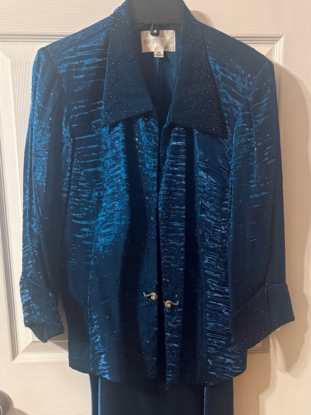 David's Bridal Teal-Blue Long Sleeve Evening Dress with Beaded Jacket